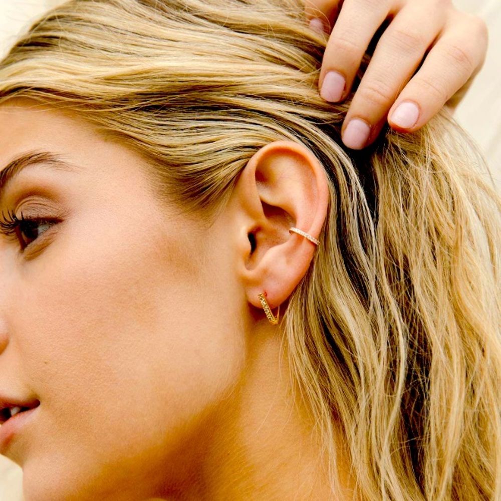 Sparkling Round Huggie Ear Cuff Gold Earrings